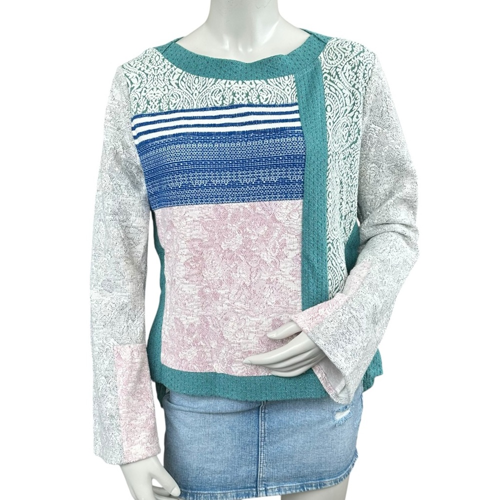 Anthropologie Postcard Open Snap Sides Pastel Patchwork Boho Sweater Size Medium